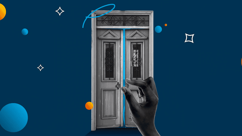 A hand holding a smartphone in the foreground, with an app interface overlaying a stylized, greyscale image of an ornate door, set against a dark blue background with abstract floating shapes.
